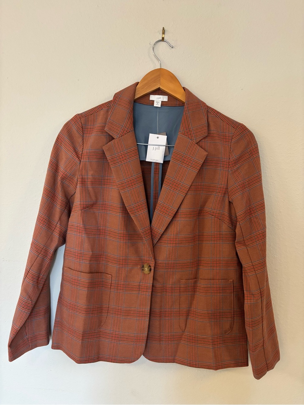 J. Jill Plaid Single-Button Blazer in Rust Orange and Blue